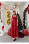 Women's Red Sequined Square Neck Strap Midi Length Flared Cut Event Dress - 6