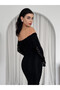 Women's Black Off Shoulder Lace Embroidered Long Sleeve Midi Dress - 4