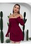 Women's Burgundy Mini Dress Boat Neck Long Sleeve Mini Atlas Dress with Pockets - 5