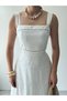 Women's White Midi Dress with Square Collar, Straps, Scallop Embroidery, and Gathered Back Detail - 4