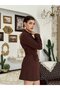 Women's Coffee Color Double Breasted Jacket Dress Lace-Up Waist Gathered Long Sleeve Mini - 3