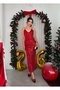 Women's Red Midi Dress with Straps, V-Neck, Sequins and Open Back - 4