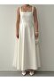 Women's Ecru Midi Dress Square Neck Strappy Patterned A-Line Midi Evening Dress - 2