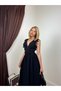 Women's Black V-Neck Lace Detailed Ruffle Sleeve Fitted Waist Long Dress - 3