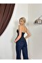 Women's Navy Blue Strapless Shiny Denim Look Peplum Cut Blouse - 3