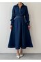 Women's Dark Blue Double Suit Belted Denim Shirt Collar Long Sleeve Midi Skirt Set - 3