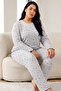 Gray Melange Patterned Lycra Large Size Oversized Knitted Pajama Set26240914