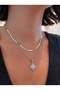Women's Silver Color Stone Luna 2-Piece Steel Necklace