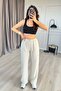 Women's Stone Linen Lace-Up Elastic Waist Wide Leg Long Trousers with Side Pockets - 2