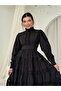 Women's Black Midi Dress with Stand Collar, Ruffle Detail, Belted, Buttoned, Lace Trim - 2