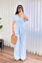 Women's Baby Blue Top and Bottom Set Linen Double Set Single Button V-Neck Lace-Up Wide Leg