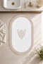 White Embroidered Non-Slip Leather Based Oval Bath Mat with Tassels and Fringes Washable Bathroom Set Bleca