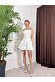 Women's White Strapless Lace-Up Back Detailed Flared Mini Event Dress - 3