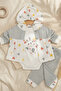 Rabbit Printed Hooded Cardigan, Bodysuit and Ribbed Trousers 3-Piece Baby Set - 100% Cotton Sof - 2