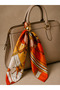 Deluxe Horse Patterned Satin Scarf & Gold Brooch Set |   Women's Neck, Waist and Bag Accessory 70X70 Size Trend - 5