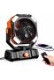 Portable camping fan with a 300ml water tank, rechargeable battery, LED light, hook, timer, and remote control. Suitable for indoor, campsite,