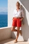 Pomegranate Flower Pocketed Pleated Belted Elastic Waist Double Leg Casual Linen Look Woven Shorts 50 63 - 4