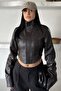 Women's Corset Detailed Stand Collar Crop Biker Leather Jacket