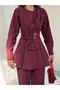 Women's Gold Buckle Bow Detailed Peplum Blouse with Wide Leg Pants Set 3152 - Burgundy - 6
