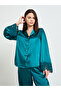 Turquoise Lace Trim Satin Long Sleeves Shirt and Pants Pajama Set - 3