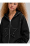 Girl's Hooded Zippered Hoodie Cardigan with Star Detail Oversized - 4