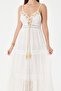 White Lace, Elastic Back, Pompom Collar, Lined, Strappy Long Dress, Size 36 - 42 - 6