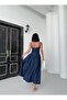 Women's Navy Blue Denim Thin Strap Square Neck Zipper Flared Midi Dress - 3