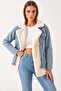 Women's Lined Denim Beige Blue Coat with Four Pockets - 2