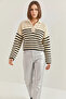 Women's Buttoned Collar Striped Knitwear Beige Black Sweater - 3