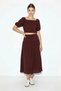 Women's Balloon Sleeve Crop Blouse with Tie Detail Cotton Muslin Skirt Set Yc Plum - 5