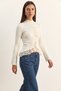 Women's Lace Detailed Half Turtleneck Buttoned Ribbed Knitwear Ecru Cardigan - 3