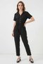 Women's Shirt Collar Belted Short Sleeve Black Jumpsuit - 5