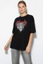 Women's Cotton Cheetah Printed Oversize Black T-Shirt with Text Detail - 4