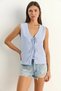 Women's Thick Straps, Front Tie Detail, Striped Peplum Cotton White Navy Blue Blouse - 5