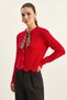 Women's Red Cardigan with Braided Hair Scarf Detail and Buttons - 2