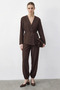 Women's Tied Double-Breasted Jacket with Elastic Cuffs and Comfortable Brown Trousers Set