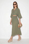 Women's Double-Breasted Tie-Down Blouse with Gipe Detailed Lined Skirt Cotton Green Set - 3