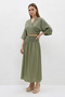 Women's Double-Breasted Tie-Down Blouse with Gipe Detailed Lined Skirt Cotton Green Set - 2