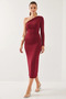 Women's One-Shoulder Gathered Long Burgundy Dress - 3