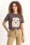 Women's Print Sequin Detailed Bow Basic Brown T-Shirt - 4