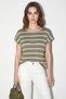 Women's Striped Boat Neck Bat Sleeve Cotton Knitwear Green Ecru Blouse