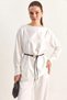Women's Asymmetrical Cut Belt Detailed Satin White Blouse - 4