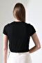 Women's V-Neck Buttoned Short Sleeve Black Crop Blouse - 4