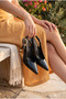 Women's Black Patent Leather Pointed Toe Metal Heeled Shoes with Gold Accessories - 5