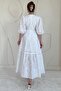 White Balloon Sleeve Detailed Low-Cut Brode Dress - 3