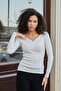 Women's Ribbed Stretchy Camisole Fabric Collar Buttoned V-Neck Long Sleeve Body Blouse-Cream