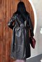 Women's Belted Faux Leather Trench Coat Double-Breasted Collar Long Leather Jacket - 6