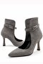 Caren Women's Suede Gray Pointed Toe Thin Heeled Belt Detailed Windowed Stylish Boots & Stiletto 9 cm Heel - 8