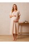 New Season Beige Muslin Fabric Design with Easy Breastfeeding Feature, Ruffle Sleeve Detail, Summer 100% Cotton Maternity Nightgown - 6