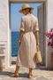 Italian Beige Shirt Collar Lined Skirt Ruffle Belted Embroidered Silk Long Woven Dress 123 56 - 8